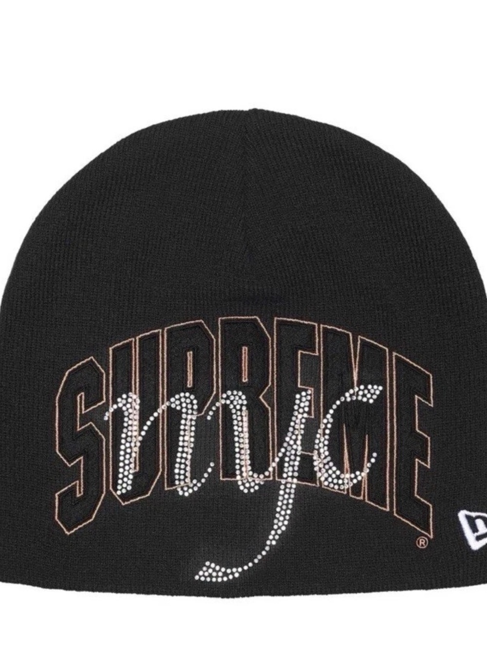 Supreme Black Beanie with Rhinestone Script Logo